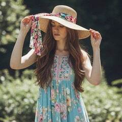 Woman in a sun hat and floral dress