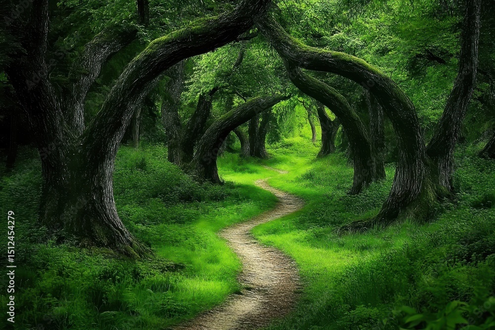 Poster enchanted forest path winding through lush greenery and ancient trees, mysterious dark forest with p