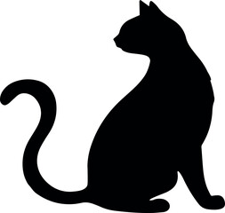 minimalist solid black silhouette of a cat sitting with its tail curled forward, shown in side view, perfect for vector animal illustrations and pet-themed graphic