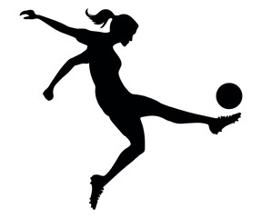 silhouette of a female soccer player captured mid-kick while balancing on one leg, representing action, agility, and athleticism in a high-energy sports moment