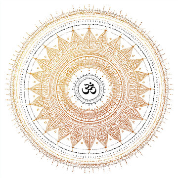 Intricate gold mandala design, featuring the Om symbol at its center.  The circular pattern displays ornate details and intricate symmetry, perfect for spiritual or meditation themes.
