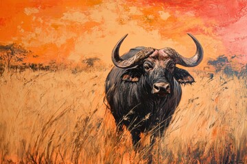 Wild buffalo stands majestically in sunset grasslands of Africa, Buffalo in Africa