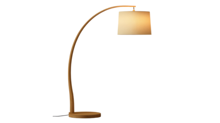 Modern wooden arc floor lamp featuring a beige on white background