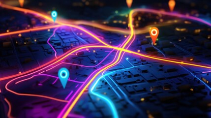 Fototapeta premium Urban navigation map, glowing routes, highlighted locations. Detailed city layout, highlighted with vibrant neon paths and location markers