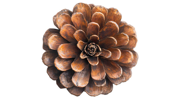 Close up view of a brown pine cone with visible scales and a central bud on a black background isolated on transparent background