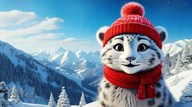Cute Cartoon Snow Leopard Wearing a Red Hat and Scarf Talking