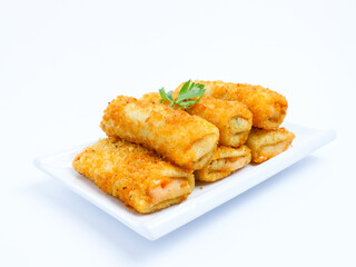 Indonesian crispy risol mayo filled with sausage and soft mayonnaise, served on a white plate with parsley garnish on a white background. Perfect photo of a traditional snack.
