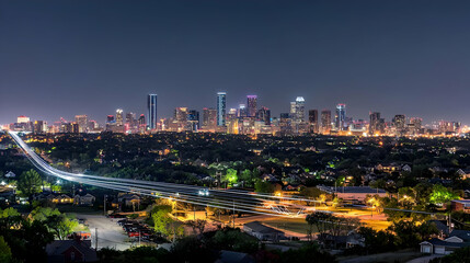 Obraz premium Night City Skyline Panorama With Illuminated Buildings