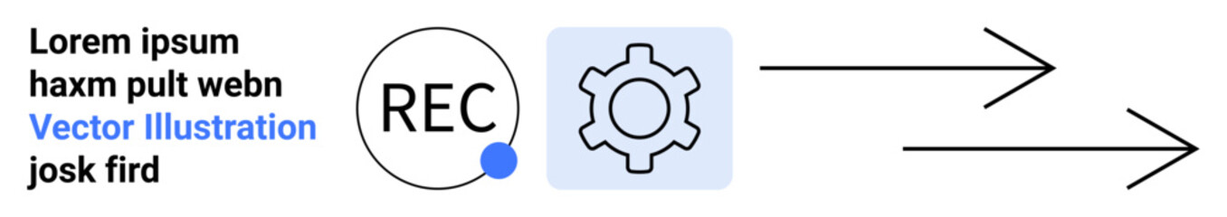 REC button beside gear icon, followed by two arrows suggesting recording, automation, and process flow. Ideal for automation, workflow, UI design, recording app, functionality data processing