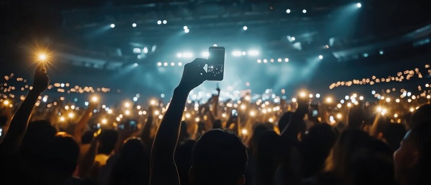 Many fun people lift hand up hold cell phone flash light. Fan crowd wave flashlights. Epic live music concert atmosphere. Big open air k pop arena. Cool night fest. Lot joy men hang out. Kpop chill