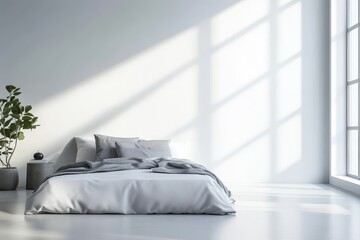 Minimalist bedroom design with natural light features soft textures and a serene atmosphere suitable for relaxation and comfort