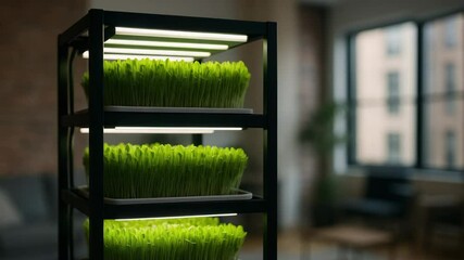 A stylish indoor growing station with multiple tiers of vibrant green microgreens, illuminated by sleek overhead lights, bringing life to a modern space