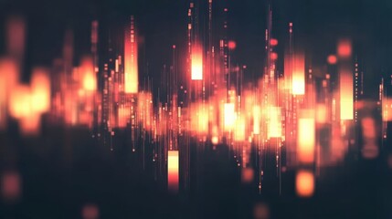 Obraz premium Abstract glowing big data forex candlestick chart on blurry city backdrop. Trade, technology, investment and analysis concept. Double exposure illustration , no logos, no brands