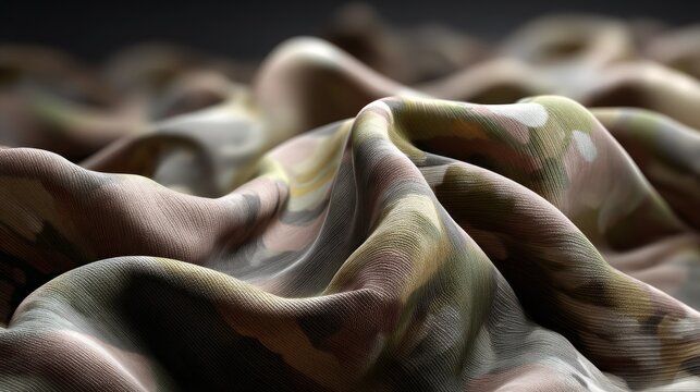 This multicam camouflage fabric features a complex blend of colors and patterns designed for armed forces use in various terrains. Its texture and design enhance concealment in natural environments