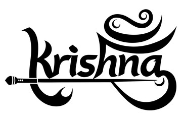 Lettering art featuring Krishna name and flute icon in black and white