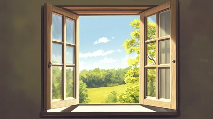 Illustration of an open wooden window illustration , no logos, no brands