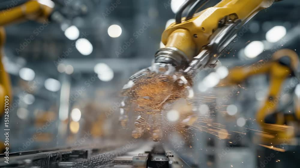 Poster yellow robotic arms are precisely picking and placing micromodules on a conveyor belt, demonstrating