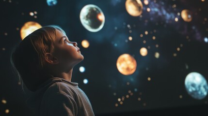 child interacting with glowing AI projected solar system display