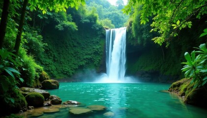 Fototapeta premium Tenorio's turquoise waterfall cascading through lush rainforest , green, rainforest, landscape