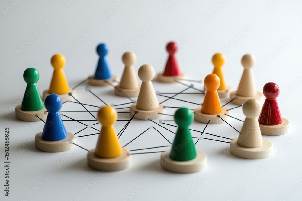 Poster connections within a diverse network of business professionals represented by colorful pawns linked 