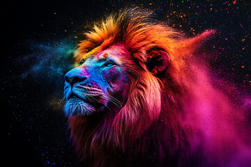 Vibrant lion portrait with colorful powder explosion, showcasing strength and beauty in art