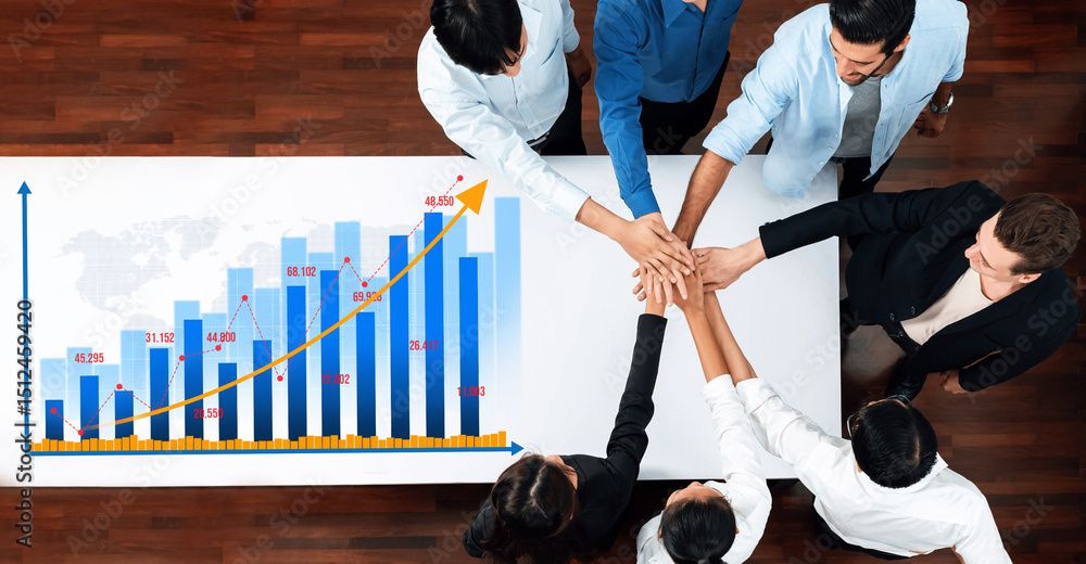 Aufkleber A diverse group of professionals collaborates over a business chart illustrating growth. The image captures teamwork and strategic planning essential for success in the workplace. Amity