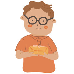 a cartoon illustration of a child holding a gift. Its function is likely for visual representation, such as in a greeting card or educational material.