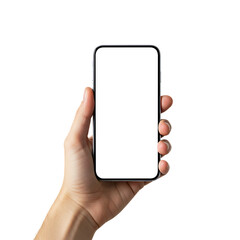 Hand Holding Smartphone with Blank Screen on Transparent Background

