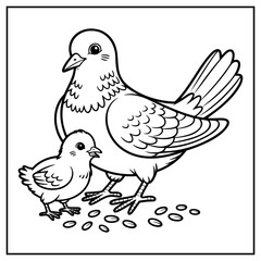 Obraz premium Pigeons and a chick. Coloring book for children.
