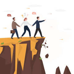Fototapeta premium Teamwork, business people team up and hold hands of each other. Stupid male boss leads employees to wrong way. Leader choose false direction. Poor money and risk management