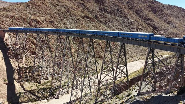 Aerial view of the "Train of the Clouds" in Salta, Argentina. La Polvorilla Viaduct.