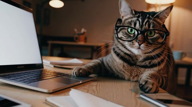 Techsavvy cat at laptop: whimsical feline interaction in cozy home office concept