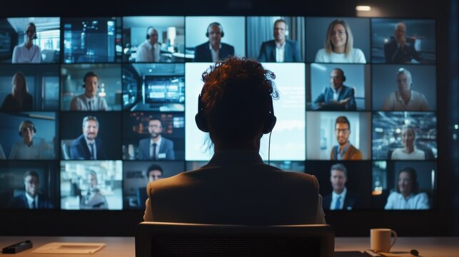 Diverse company employees having online business conference video call on tv screen monitor in board meeting room. Videoconference presentation, global virtual group corporate training concept. illus