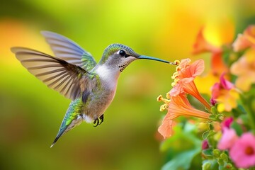 Fototapeta premium Vibrant closeup of hummingbird pollinating colorful flower during a sunny afternoon in a lush garden