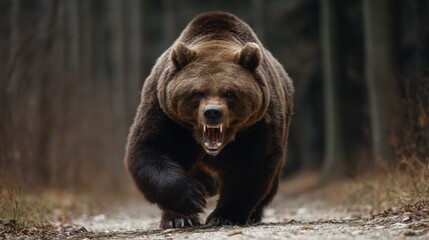 Aggressive Brown Bear in Forest Front View Close-up, Wildlife Photography, Nature, Predator, Danger Brown Bear, Wildlife Photography