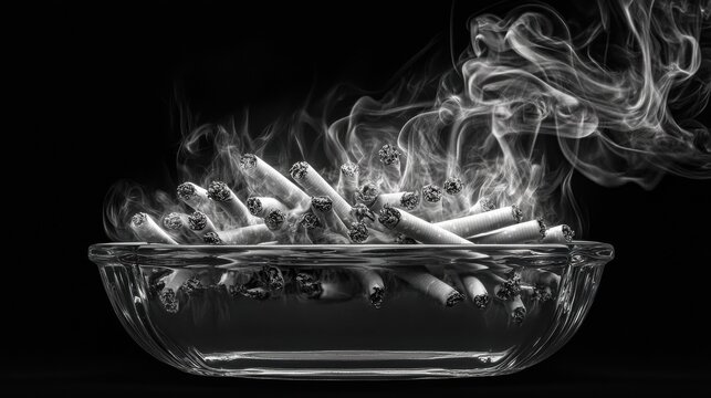 Monochrome image of cigarette butts in an ashtray with smoke swirling upwards, symbolizing the dangers of smoking and addiction.
