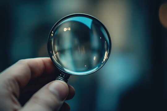 Forensic accountants using a magnifying glass to analyze financial documents in a dimly lit office during the evening hours