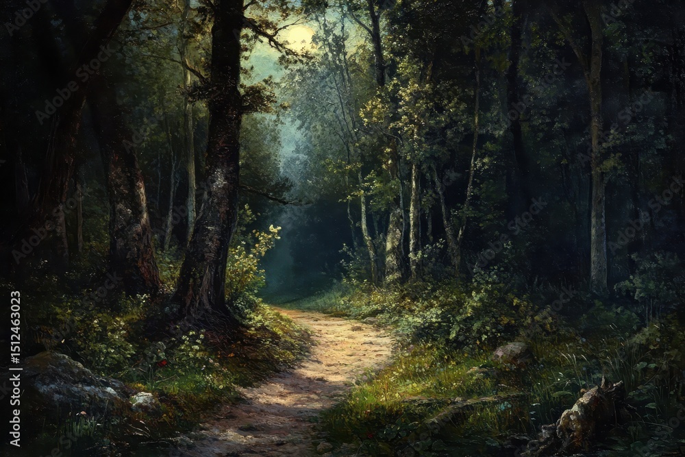 Poster path winding through a mystical woodland in dark fantasy setting with ethereal light filtering throu
