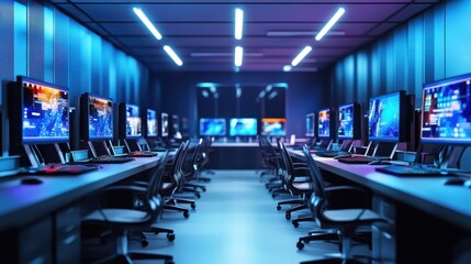 Fototapeta premium Modern Computer Lab with Colorful Displays and Keyboards