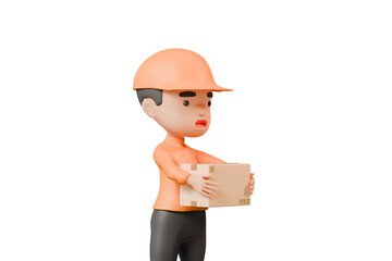 3d Delivery courier man in orange uniform holding cardboard box icon. Safe delivery of goods concept. People minimal character illustration. Cartoon minimal style. Online delivery concept. 3d render.