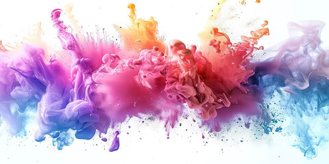Colorful liquid paint splash with ink exploding on white background.