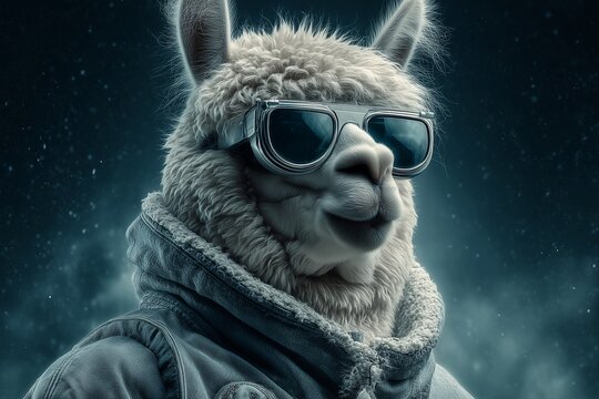 A UFO-riding alpaca in a silver jumpsuit and alien goggles on a retro sci-fi poster background, cosmic conspiracy, viral weirdness