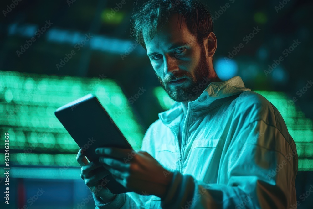 Poster data scientist engaged with computer technology in a neon environment at a tech conference in the ev