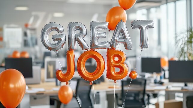 Employee Appreciation Day: Office Celebration. A decorated office features silver balloon letters spelling "GREAT JOB," with vibrant orange balloons celebrating Employee Appreciation Day.