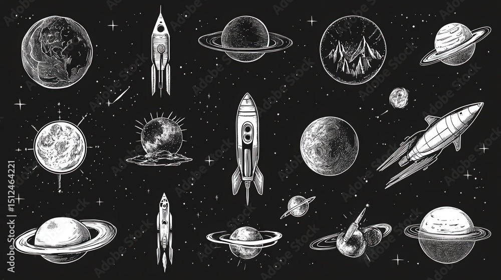 Poster space object. alien planet, ufo spaceship, astronaut rocket and missile cosmic object vector icon. f