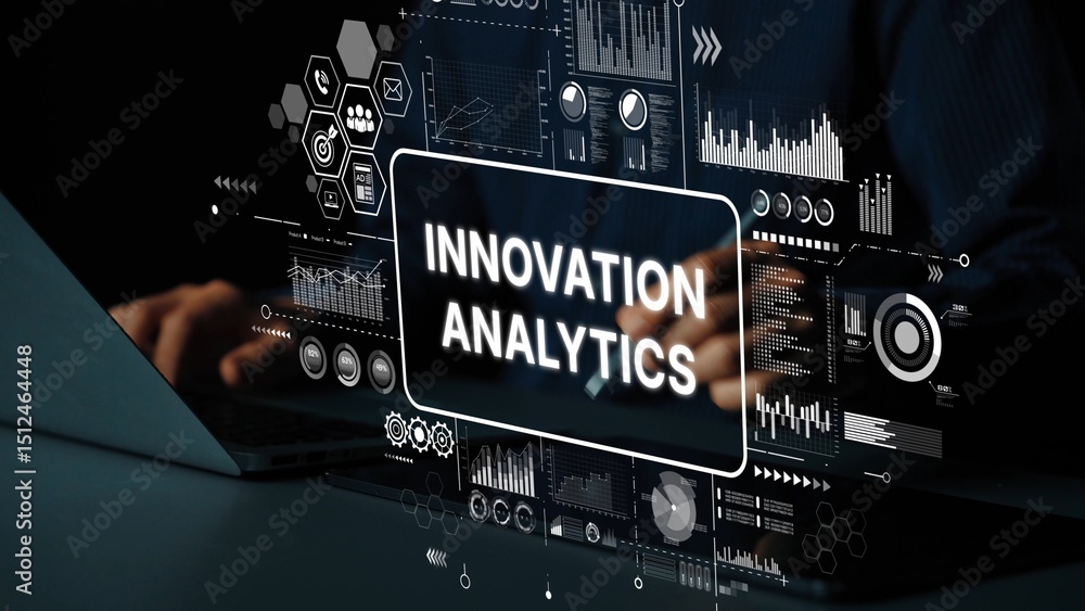 Poster hands engaging with data visualization and innovation analytics concept displayed on modern laptop s