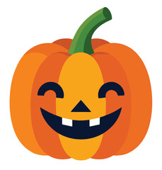 A flat, simplistic design illustrated cartoon pumpkin with a carved happy smiling face for Halloween