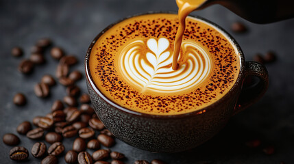Cup of coffee with beans