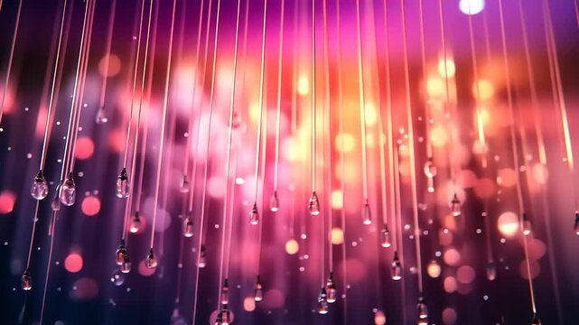 Abstract festive background with bokeh lights and suspended crystal droplet elements