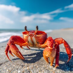 Close-up Red Crab on Beach Vibrant Color, Macro Composition, Ocean Background, Crustacean, Marine Life crab photography, beach photography